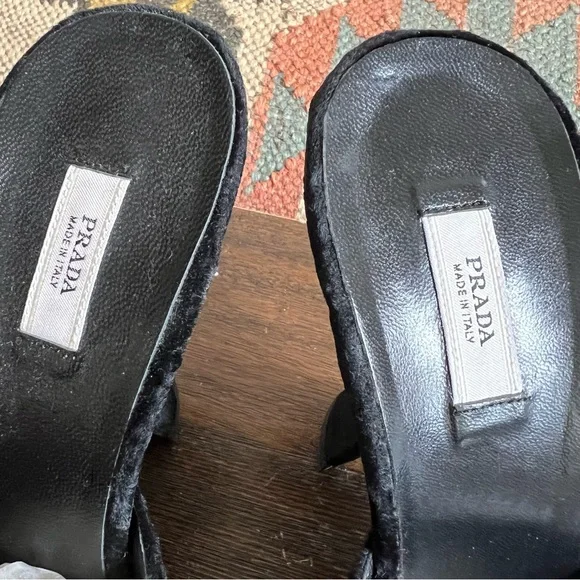 Prada (Worn Indoor Once) Black Velvet Crystal Flower Curved Heel Mules 37.5